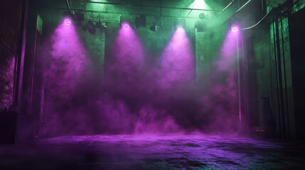 Naklejka premium Dramatic stage lighting in a performance venue with colorful smoke effects during a live show in an urban setting