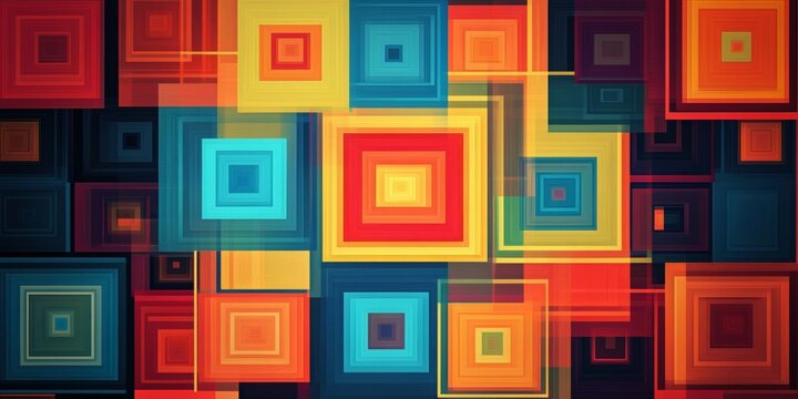 Kaleidoscopic Geometry, vibrant poster featuring dynamic rotating squares and circles in an intricate pattern, captivating visual rhythm