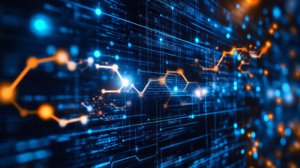 Abstract representation of digital data flow with illuminated circuits and binary code in a dark environment
