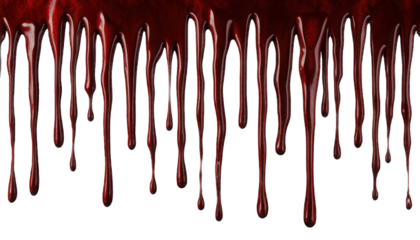 Vertical blood streaks with a glossy sheen on a transparent background, creating a horror-inspired atmosphere with thick drops trailing downwards.
