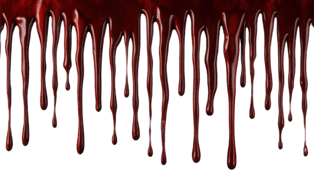 Vertical blood streaks with a glossy sheen on a transparent background, creating a horror-inspired atmosphere with thick drops trailing downwards.