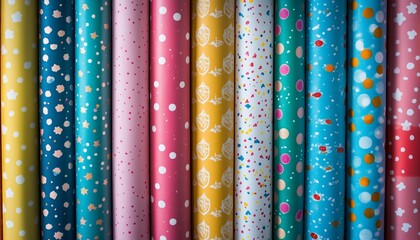 Vibrant rolls of wrapping paper showcase assorted patterns, perfect for gift wrapping, crafts, and festive occasions.