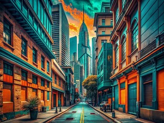 Obraz premium '80s Retro Vibe: Teal & Orange Vintage Poster with Psychedelic Urban Exploration