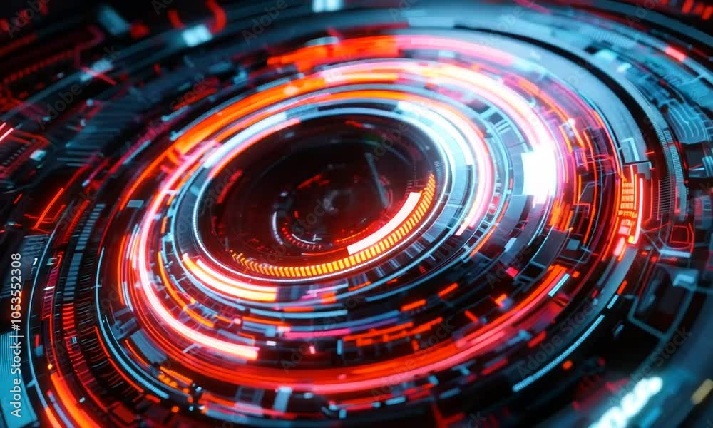 Poster abstract circular design featuring glowing red and blue elements, suggesting a futuristic aesthetic.