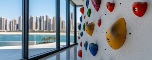 A colorful climbing wall inside a modern building, with a stunning view of a city skyline and waterfront in the background.