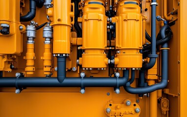 A close-up view of industrial machinery featuring yellow hydraulic pumps and black piping on a vibrant orange background.