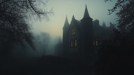 A spooky, dimly lit gothic castle enveloped in dense fog, surrounded by bare trees at dusk creating an eerie atmosphere.