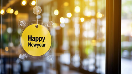 A yellow circle sign with the words Happy Newyear hanging on a glass door..