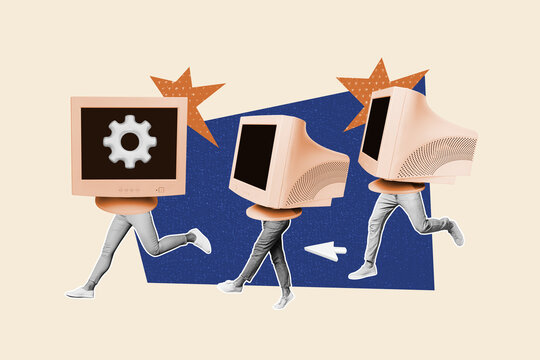 Composite photo collage of anonym people run instead body pc monitor gearwheel optimization screen addiction isolated on painted background