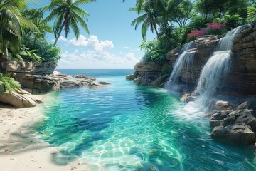 A tranquil tropical serene beach waterfall natural surrounded by lush greenery and vibrant