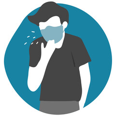 Man infected with covid 19 virus coughing behind a mask transparent png