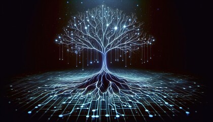 Neural Network Tree Concept - Digital Deep Learning Representation with Branching Neural Pathways, Abstract AI Design, No People