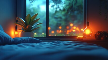 Cozy Bedroom Interior with Hanging Light Bulb and Window View