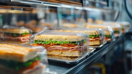 Detailed image of the sandwich assembly process in a ready-to-eat food production facility, emphasizing the machinery and methods used to create and package fresh sandwiches.