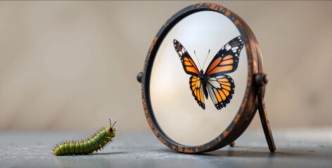 A caterpillar sees its future butterfly self, reflecting hope and growth.