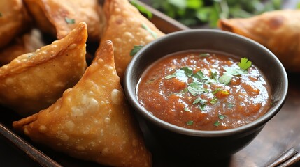 Delicious samosas served with spicy tamarind chutney on a rustic wooden table.