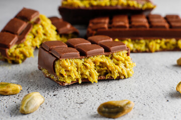 Homemade Dubai chocolate bar with pistachio paste and kadaifi dough.