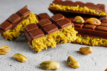 Homemade Dubai chocolate bar with pistachio paste and kadaifi dough.