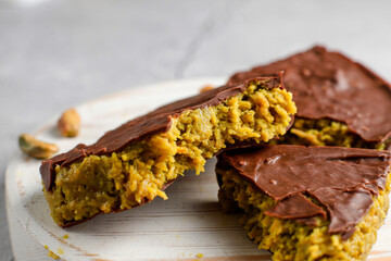 Homemade Dubai chocolate bar with pistachio paste and kadaifi dough.