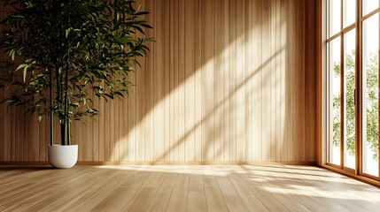 Fototapeta premium Bright room with wooden walls and a large plant.