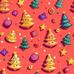 Obraz premium A vibrant pattern featuring colorful Christmas trees, ornaments, and stars set against a bright coral background, perfect for holiday-themed designs. Seamless pattern.