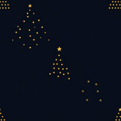 Fototapeta premium A festive design featuring stylized Christmas trees adorned with lights and stars against a dark background, evoking a cheerful holiday spirit. Seamless pattern.