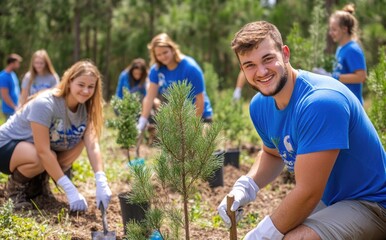 Fototapeta premium A group of young people wearing blue T-shirts and white gloves plant trees in the park, smiling happily while holding shovels and planting pots.