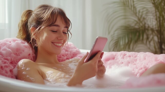 Woman smiling in a pink bubble bath using a smartphone, enjoying a moment of relaxation and leisure.