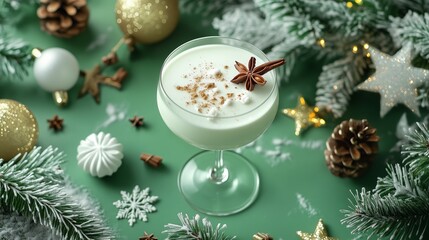 A creamy eggnog cocktail in a glass adorned with festive Christmas decorations, including pinecones...