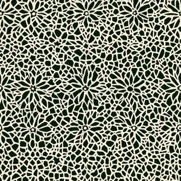 A intricate floral lace pattern with a dark background, featuring an array of delicate white flowers interconnected by fine lines. Seamless pattern.