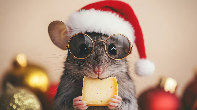A cute mouse wearing a Santa hat and sunglasses, holding a piece of cheese, festive holiday decorations in the background, perfect for seasonal themes.