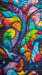 Obraz premium Vibrant street art mural on a brick wall, 4K hyperrealistic photo
