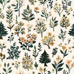 Fototapeta premium A vibrant pattern of various green plants and colorful flowers on a light background, showcasing nature's beauty. Seamless pattern.