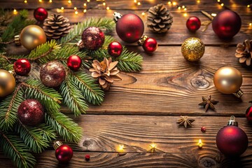 Winter holiday celebration with vintage decorative ornaments on rustic wooden table