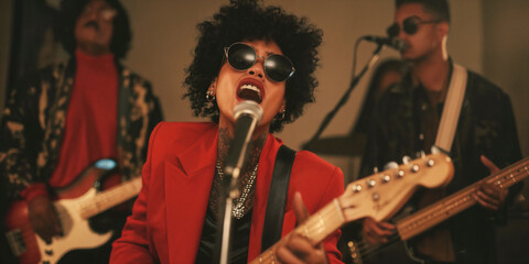 Energetic rock band performs live with passionate lead singer. Generative AI image