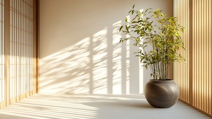 Serene indoor space with bamboo in a pot.