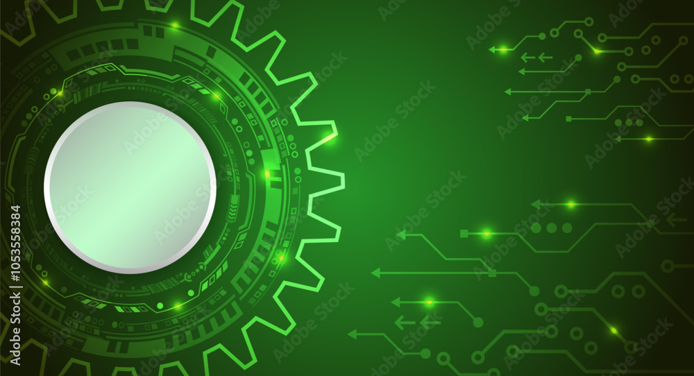 Poster Cogwheel for science experiment presentation. Futuristic high tech concept. Business and industry internet banner. The mechanism consisting of gears on a green background for the presentation.