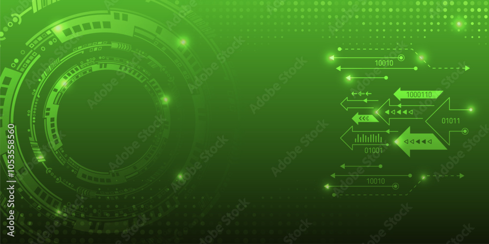 Poster Vector illustration of circuit board and circles. Abstract futuristic communication. Hi-tech green background with various technology elements.