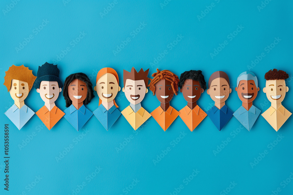 Wall mural paper art display of diverse group of people on blue background. generative ai image