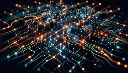 Fototapeta premium Digital Deep Learning Circuits - Glowing Neural Network and Data Flow Representation, Futuristic AI Concept, No People, Neon Lights Illustration