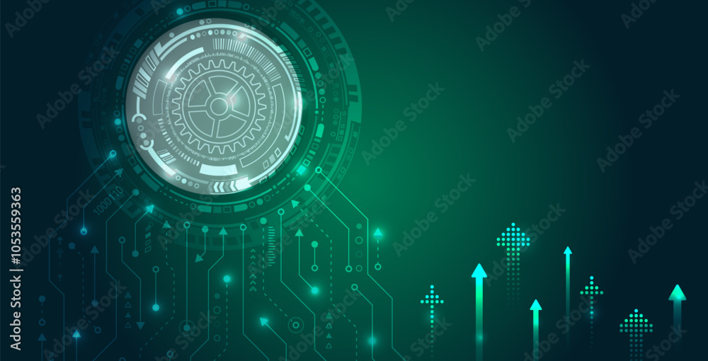Poster Modern science vector presentation. Abstract circuit board, futuristic concept. Data transfer and protection, internet communication on a green background. High computer technology design.