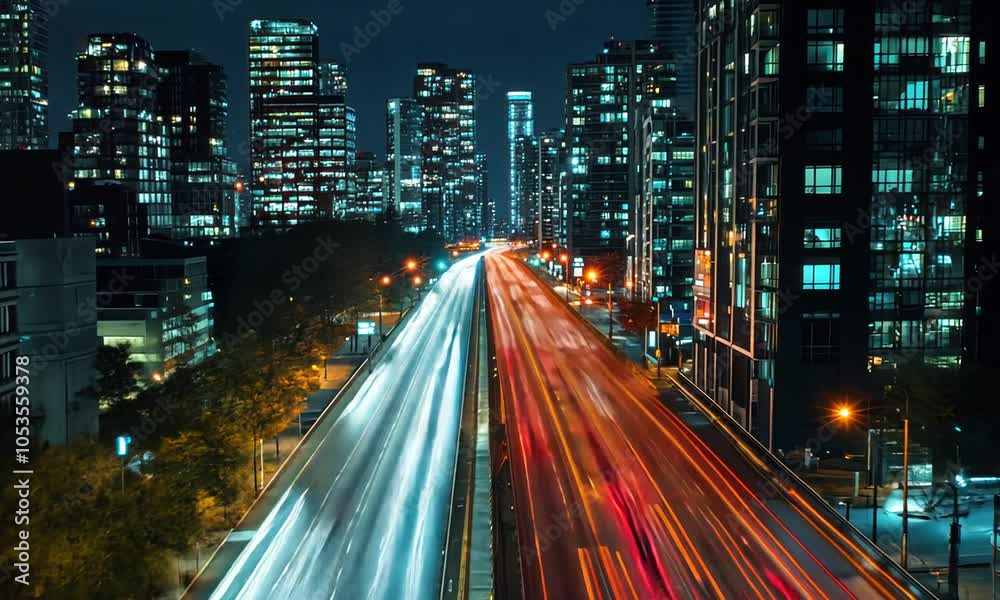 Poster night cityscape with dynamic light trails from moving vehicles and illuminated skyscrapers.