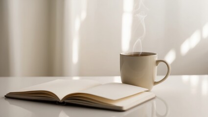 A Cozy Desk Setup with a Mug and Notebook.