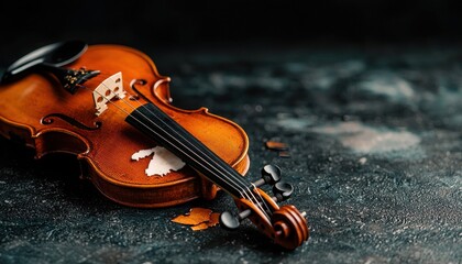 A close-up of an old violin with fallen leaves, showcasing its intricate details.