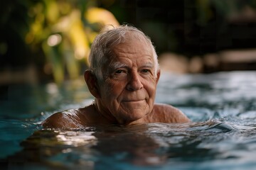 Elderly man swimming laps in a serene pool during a sunny day
