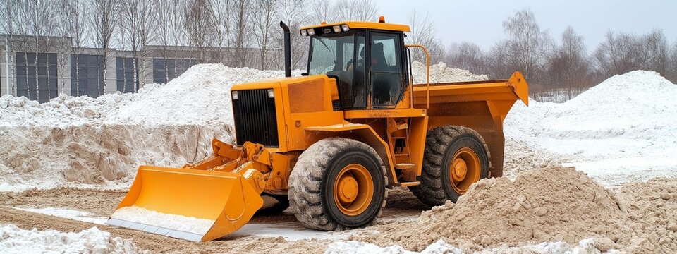 wheeled tractor with mounted bucket. Bulldozer on a construction site. Heavy construction equipment. Industrial machine