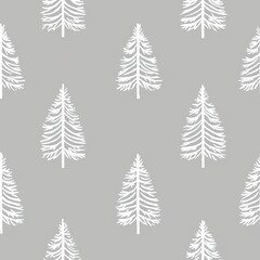 Obraz premium A pattern of white coniferous trees is displayed against a soft gray background, creating a minimalist and modern design. Seamless pattern.