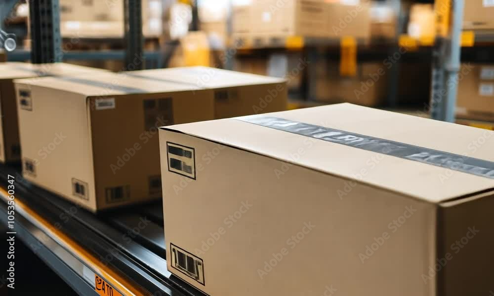 Poster a close-up of cardboard boxes on a conveyor belt in a warehouse setting.