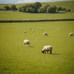 Fototapeta premium Sheep Grazing in a Vast Open Field with Clear Sky and Green Pastures