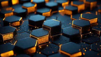 Obraz premium Black background with golden geometric shapes, dark black and gold color scheme, black polygonal background, modern design